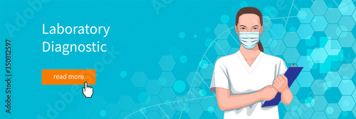 Female lab technician in medical mask standing with a folder. Realistic vector illustration