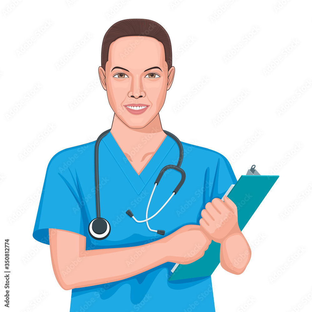 Portrait of a female doctor wearing a lab coat with stethoscope, standing with a folder. Realistic vector illustration Portrait of a female doctor wearing a lab coat with stethoscope, standing with a folder. Realistic vector illustration