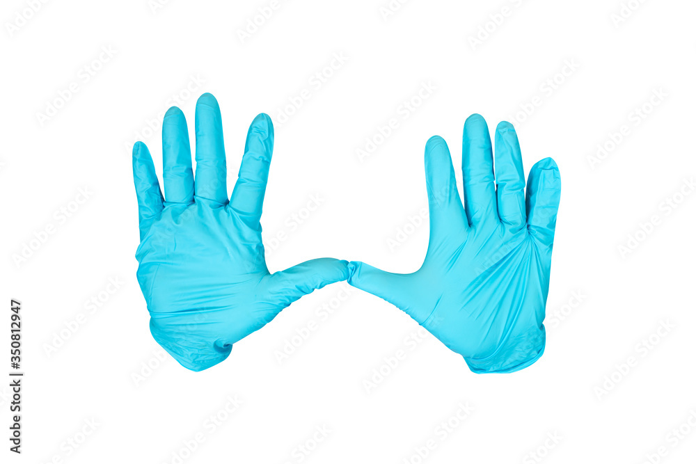 Two blue nitrile medical gloves isolated on white background with no hands Two blue nitrile medical gloves isolated on white background with no hands