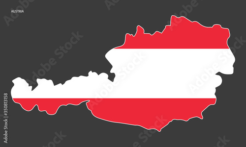 Austria sticker flag in Austria map shape on dark grey background.