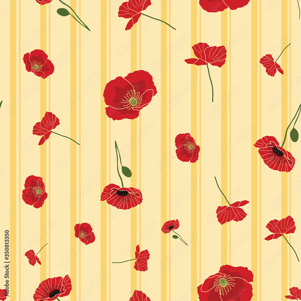 Seamless poppy pattern on yellow stripes background