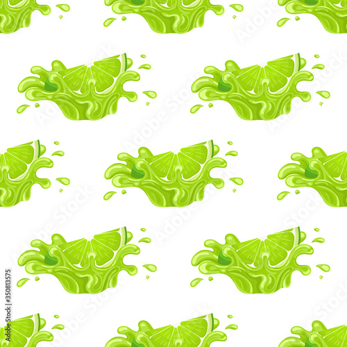 Seamless pattern with fresh bright lime juice splash burst isolated on white background. Summer fruit juice. Cartoon style. Vector illustration for any design.