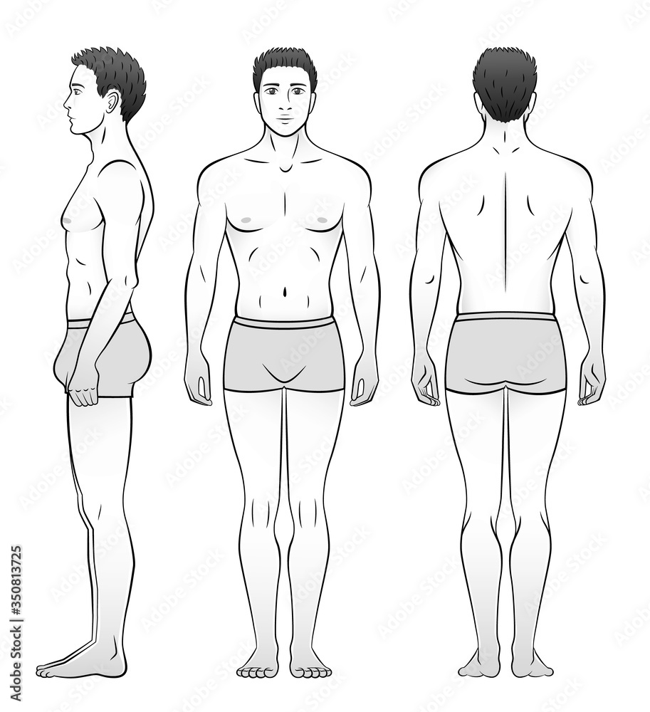 A man in underwear is seen from the front, side and back. Black and white. A man in underwear is seen from the front, side and back. Black and white.