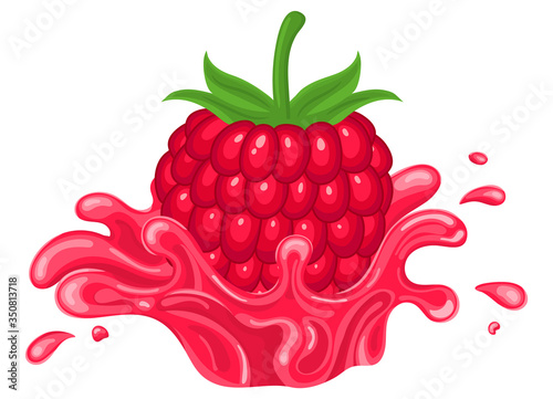 Fresh bright raspberry juice splash burst isolated on white background. Summer fruit juice. Cartoon style. Vector illustration for any design.