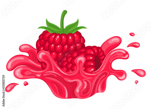 Fresh bright raspberry juice splash burst isolated on white background. Summer fruit juice. Cartoon style. Vector illustration for any design.