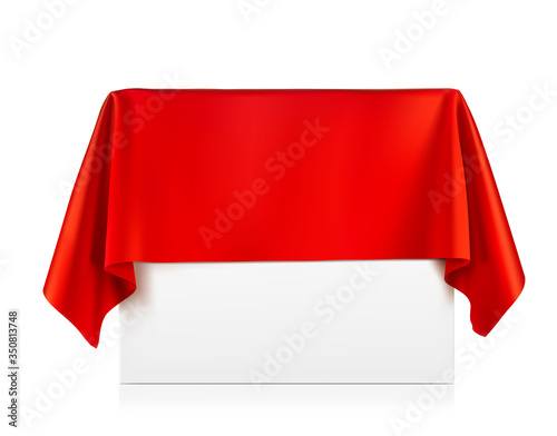 Presentation view. Red tablecloth draped over a product, subject. Vector illustration on white background. Ready for your design, promo, presentation. EPS10.	