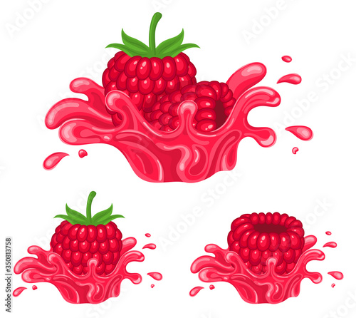 Set of fresh bright raspberry juice splash burst isolated on white background. Summer fruit juice. Cartoon style. Vector illustration for any design.