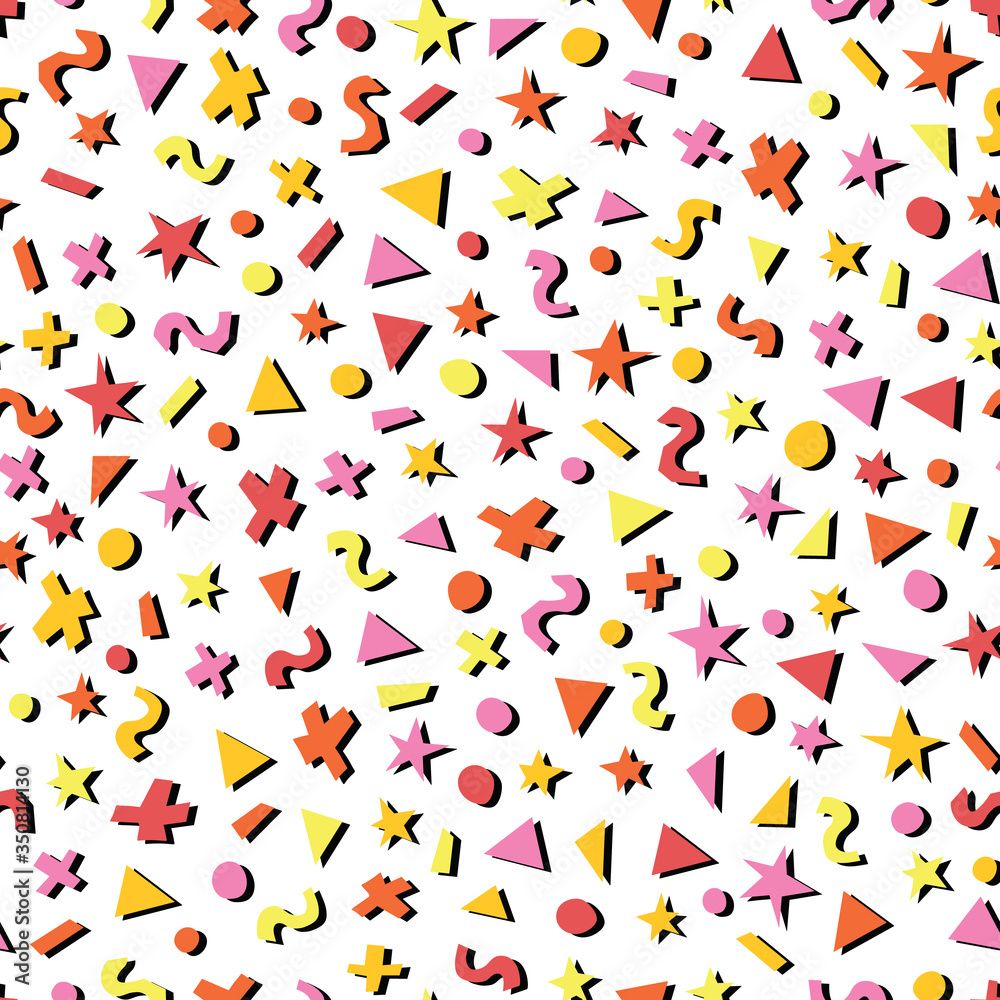 Papercut 3D style geometric shapes seamless vector pattern. Memphis art linocut triangles, dots, stars, and circles with drop shadow in pink, orange, red, and yellow on a white background. Papercut 3D style geometric shapes seamless vector pattern. Memphis art linocut triangles, dots, stars, and circles with drop shadow in pink, orange, red, and yellow on a white background.