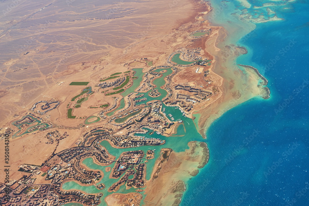 Aerial view of El Gouna a luxury Egyptian tourist resort located on the Red Sea 20 kilometres north of Hurghada.