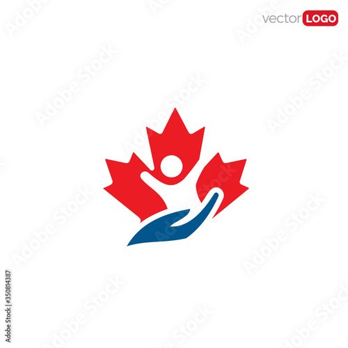 maple leaf with person/child and hand care. canadian people or child care Logo Design Vector Template Illustration