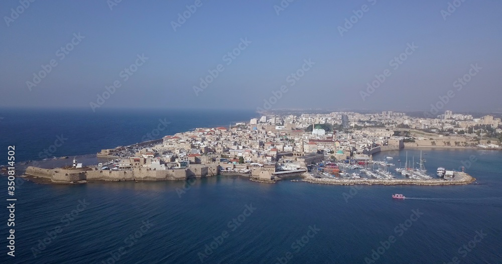 Acre Israel: Aerial footage of the old City bay and Port of Acre or Akko, Israel.