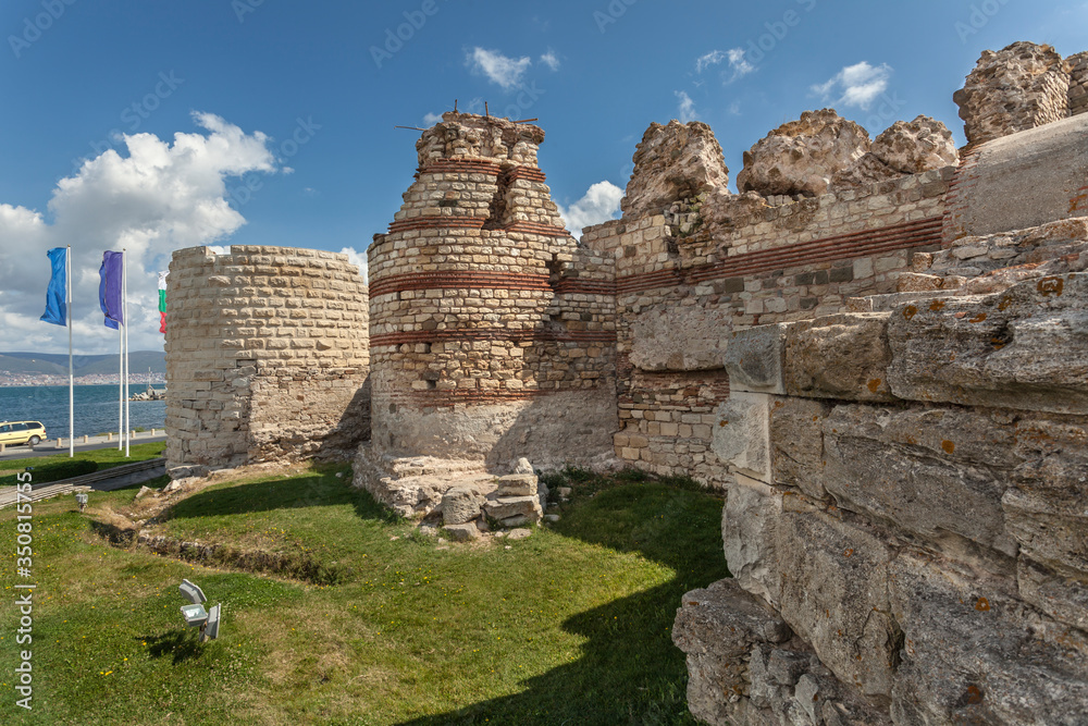 Ruined towers and stone walls around the old Nessebar town, Bulgaria