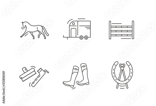 Horse riding outline icon set. Dressage horse. Horse box trailer. Show jumps. Brushes, grooming tools, hoof pick. Boots. Horseshoe nail puller, farrier tools. Flat vector equestrian yard stables icons