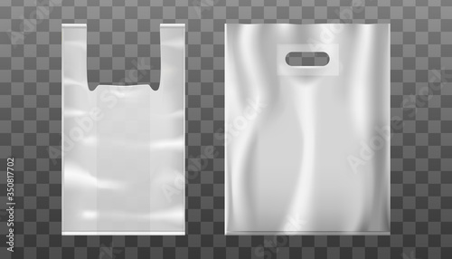 3d realistic vector hand bag with hand hole or handle from plastic or foil. Transparent background.