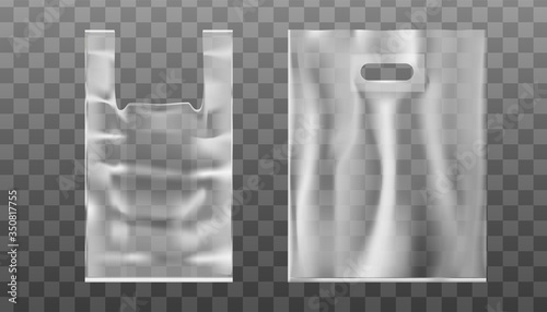 3d realistic vector hand bag with hand hole or handle from plastic or foil. Transparent background.