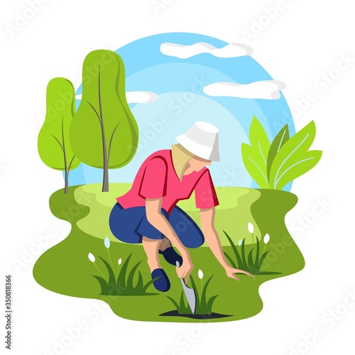 Gardening. A woman crouches and replants flowers. Flat cartoon vector illustration.
