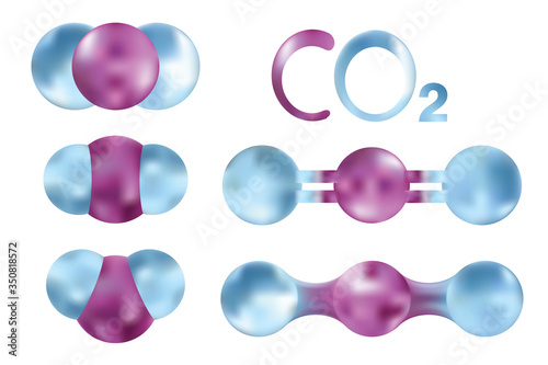 Model set of carbon dioxide molecule. CO2 formula. Isolated vector illustration on white background of gas atoms. Chemical element.