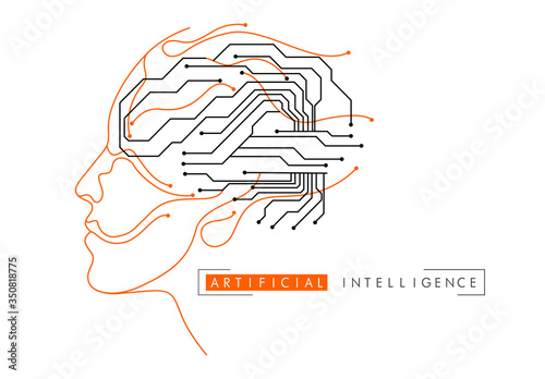 Wired brain illustration - next step to artificial intelligence and circuit board human brain. 
Concept illustration Electronic chip in form of human brain in electronic cyberspace.
