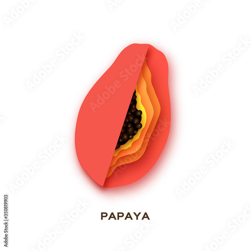 Ripe papaya. Sweet tropical fruit in paper cut style.
