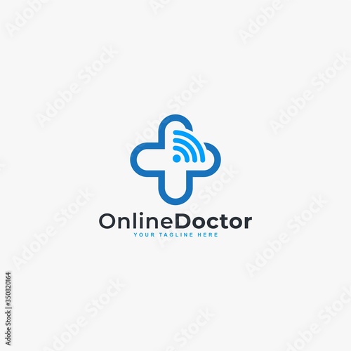 Doctor online virtual services logo design vector. Consultation to doctors via digital remote illustration symbol. Telemedicine service vector logo.
