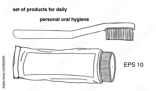 Set products items for daily personal oral cavity hygiene. Large tube toothpaste, manual toothbrush. Individual accessories for brushing teeth. Vector isolated template doodle realistic hand drawing