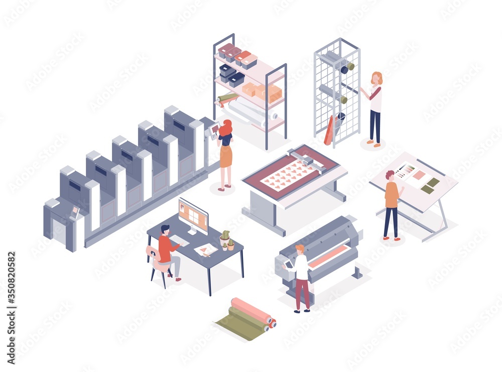 Cartoon people working at printing service center vector isometric illustration. Man and woman workers of printshop isolated on white background. Employee work with professional electronic equipment Cartoon people working at printing service center vector isometric illustration. Man and woman workers of printshop isolated on white background. Employee work with professional electronic equipment