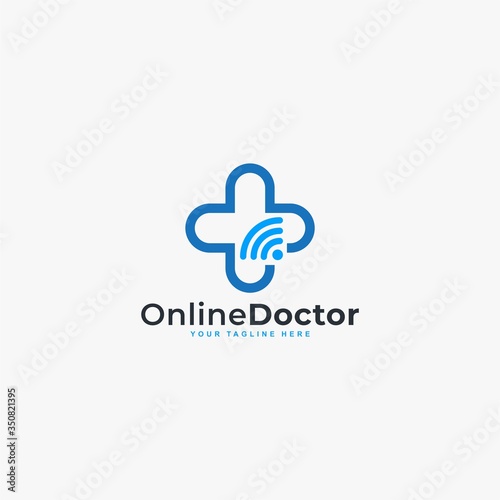 Doctor online virtual services logo design vector. Consultation to doctors via digital remote illustration symbol. Telemedicine service vector logo.