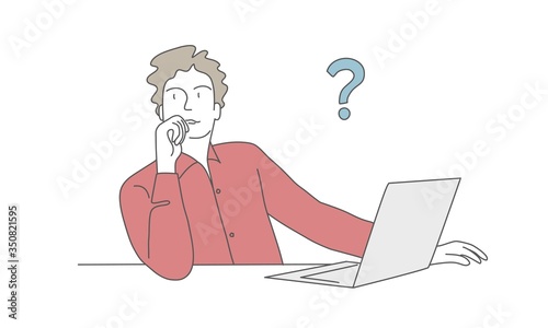 Thinking man with laptop and question mark. Hand drawn vector illustration.
