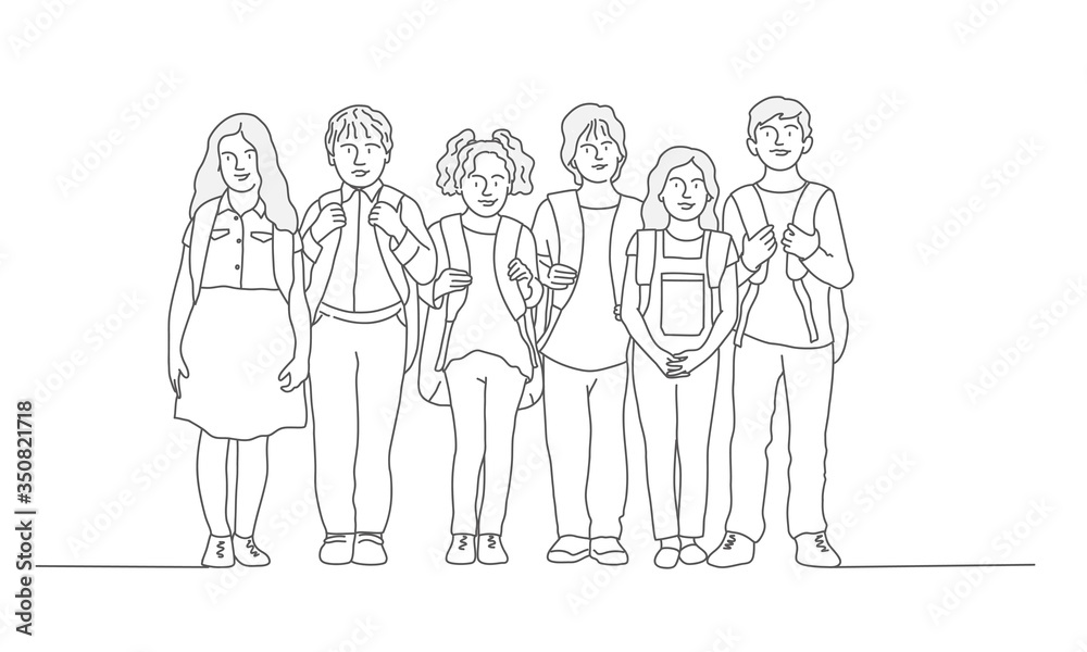 Group of school children. Line drawing vector illustration. Group of school children. Line drawing vector illustration.