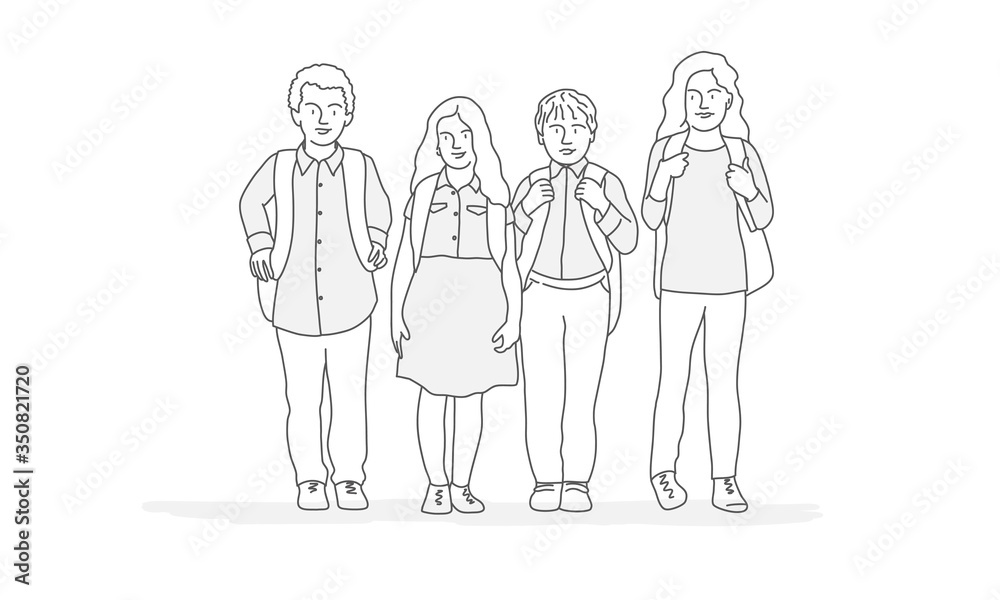 Group of school kids with backpack. Line drawing vector illustration. Group of school kids with backpack. Line drawing vector illustration.