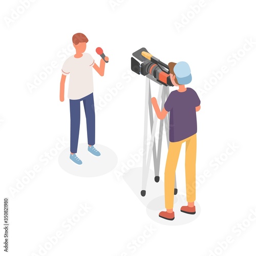 Male journalist hold microphone in front of video camera vector isometric illustration. Man operator recording interview or tv show use professional equipment isolated on white. Reportage production