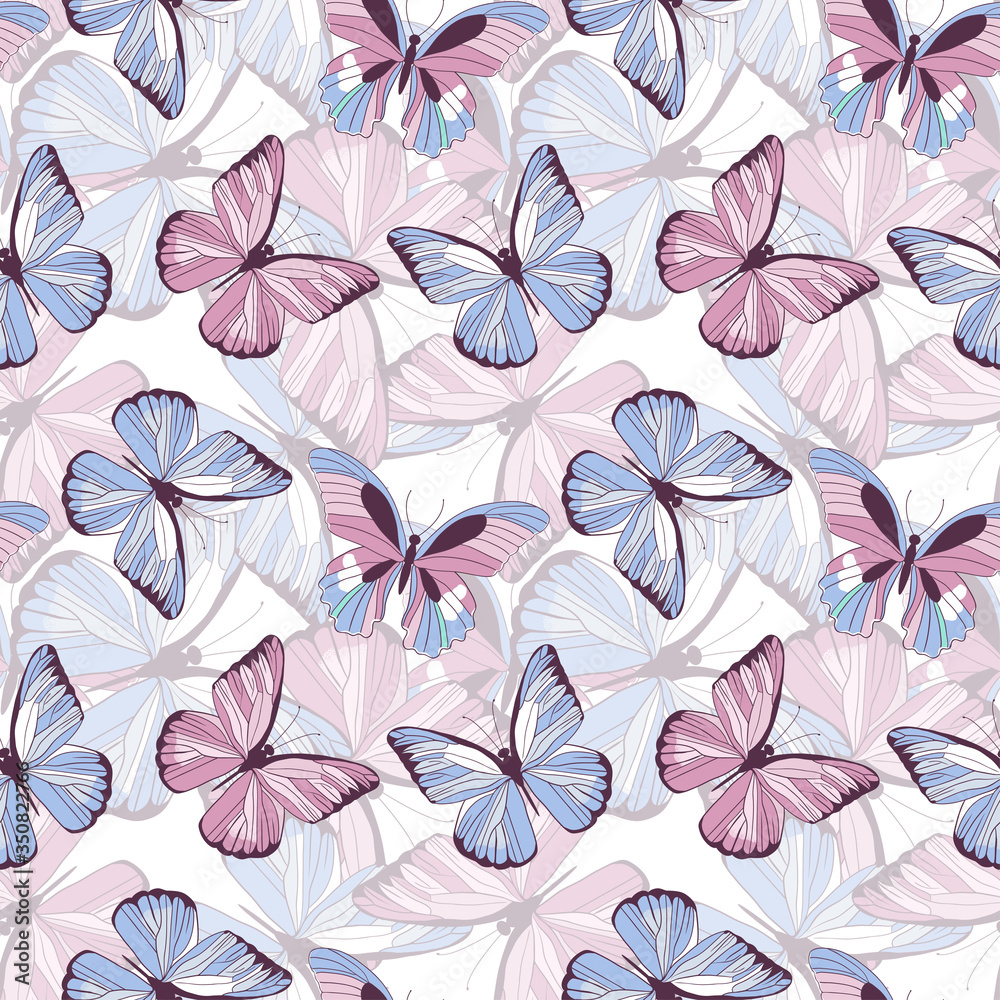 . Delicate seamless pattern with butterflies in pastel colors. Hand drawn vector design.