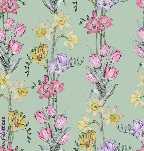 Freesia, tulips and daffodils in a seamless floral pattern. Suitable for packaging, fabric, Wallpaper. © OlgaShashok