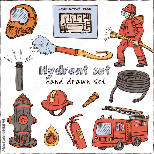 Hydrant hand drawn doodle set. Vector illustration. Isolated elements on white background. Symbol collection.