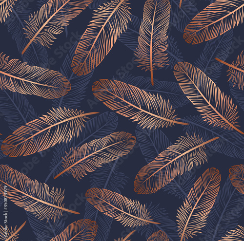 Pattern with gold feathers on a blue background. Suitable for curtains, wallpaper, fabrics, wrapping paper.