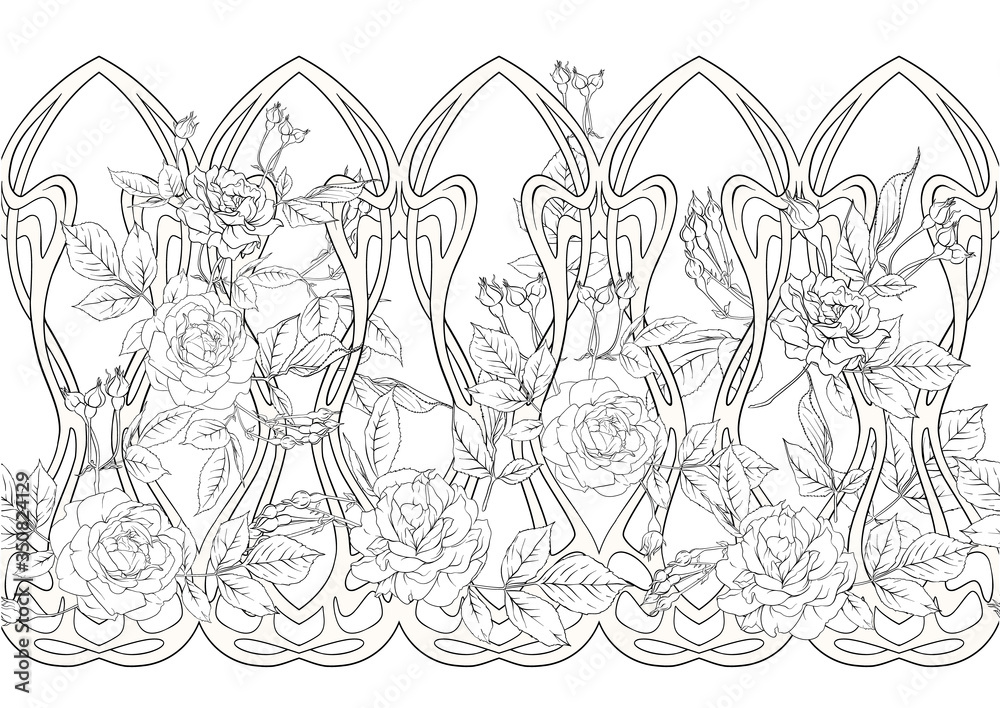 Obraz premium Vintage roses seamless pattern, background in art nouveau style, old, retro style. Outline vector illustration.