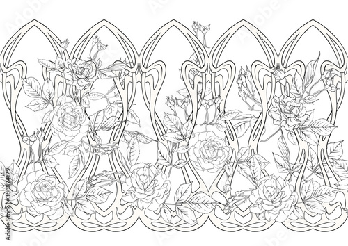 Vintage roses seamless pattern, background in art nouveau style, old, retro style. Outline vector illustration.