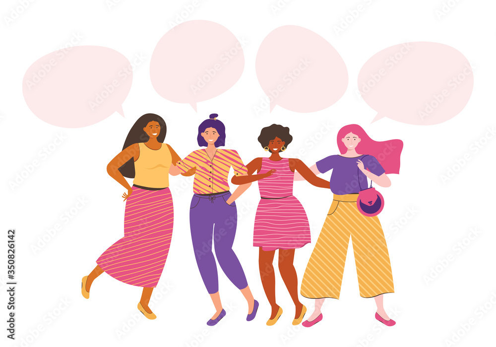 Fototapeta premium Women friendship group. Diverse female international team standing together, holding hands, girls power. Multinational sisterhood community. Women friends. Dialogue bubble with an empty space for text