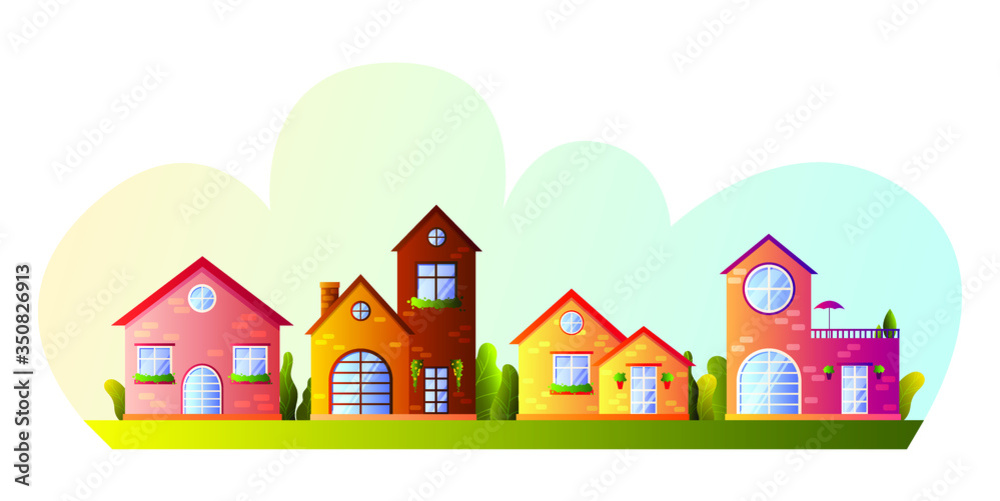 Street with cute colorful village houses and trees in cartoon style. Vector stock flat illustration.