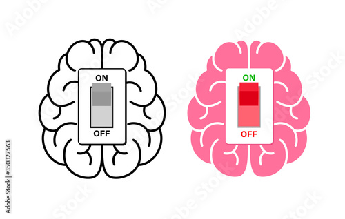 Brain power switch, turned on working fine, awake. Switch off negative thinking concept. Illustration isolated on white background.