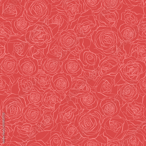 Seamless pattern with rose flowers. White outline on a red background.