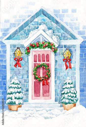 Christmas home decoration, Christmas wreath on the door in winter. Christmas greeting card, art illustration painted with watercolors. © Anna_BY
