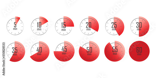 Set of timers. 5, 10, 15, 20, 25, 30, 35, 40, 45, 50, 55, and 60 minutes. Countdown timer icons set. Isolated vector illustration.	