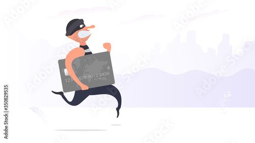 The robber runs away with a credit card. The criminal is running with a bank card. Cartoon style illustration. Good for security, robbery and fraud topics. Vector.