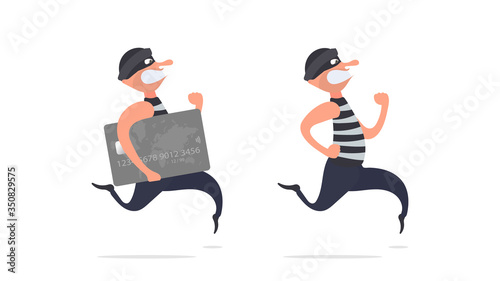 Set of running criminals. Burglar escapes with a credit card. Cartoon style illustration. Good for security, robbery and fraud. Isolated. Vector.