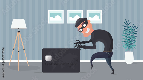 The robber steals a bank card. The thief is trying to steal a bank card. Good for the topic of security, robbery, scam and fraud. Vector.