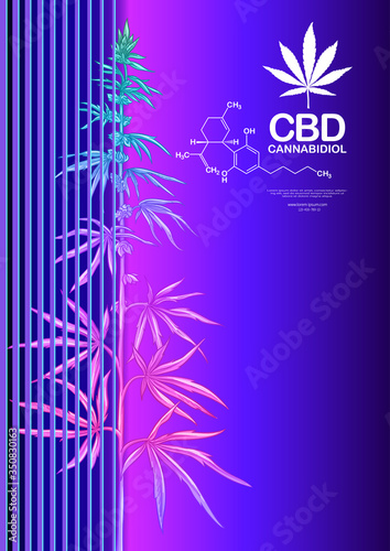Hemp, Cannabis plant. Template, poster, card, good for product label. Vector illustration in neon, fluorescent colors