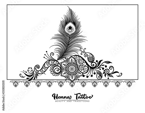 Template design with traditional indian henna tattoo with peacock feather. Template for wedding invitation, greeting card, banner, gift voucher, label. Outline vector illustration..