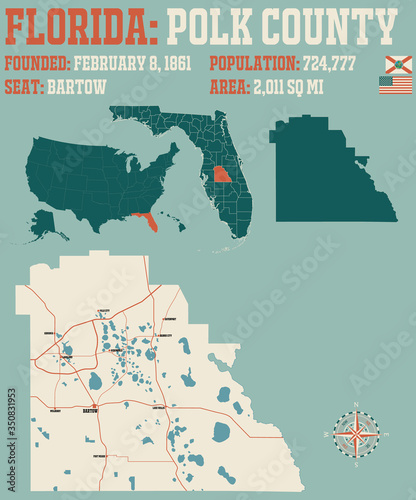 Large and detailed map of Polk county in Florida, USA.
