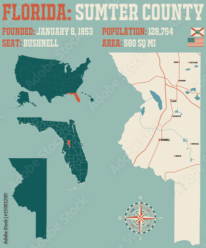Large and detailed map of Sumter county in Florida, USA.